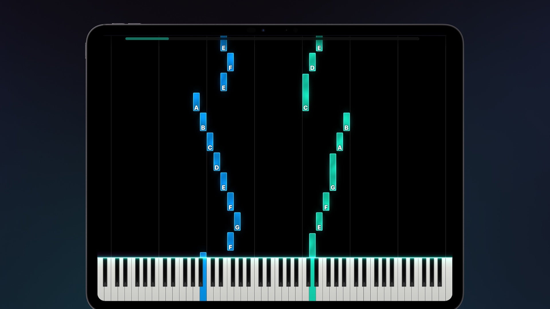 Official Anything Piano tutorial showing falling notes and a virtual keyboard.