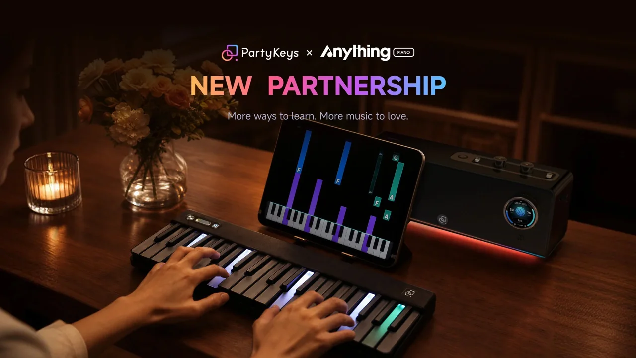 PartyKeys × Anything Piano: hands following the light-guided keys beside an iPad tutorial